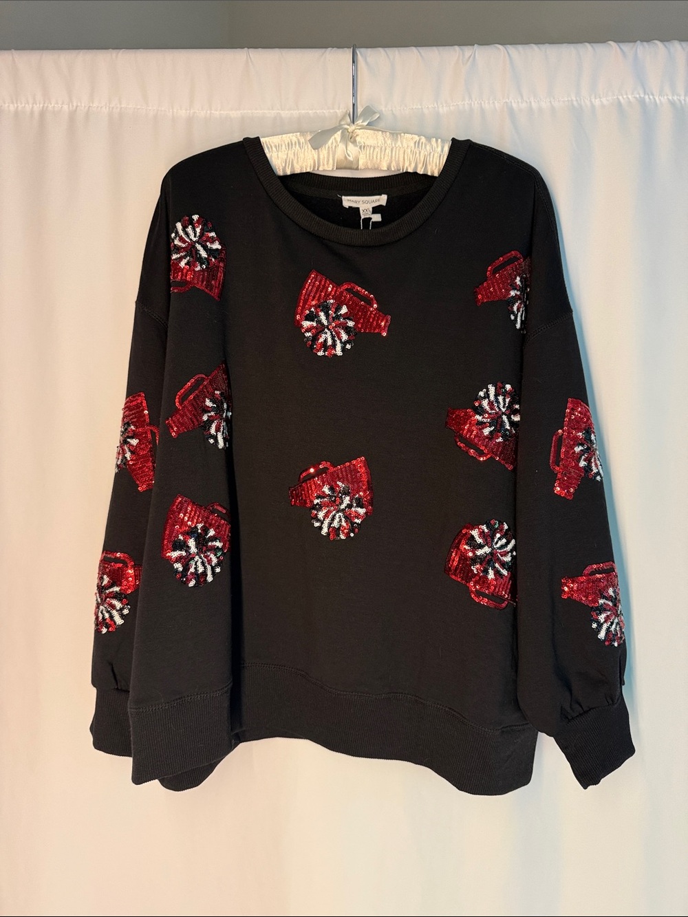 Black Sequin Pom-Accent Crewneck Sweatshirt